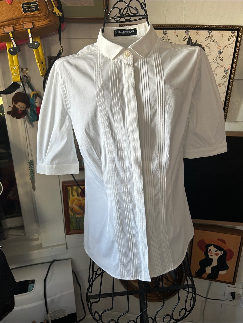 Dolce & Gabbana White Pintuck Short-Sleeve Cotton Blouse
